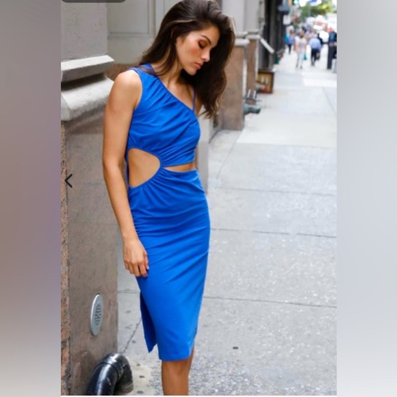 WALTER BAKER Royal blue one‎ shoulder cutout midi dress size L - Picture 1 of 16